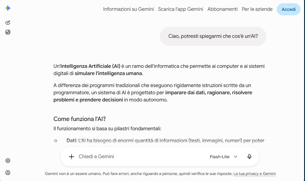 Foto tagliata di una conversazione con Gemini.